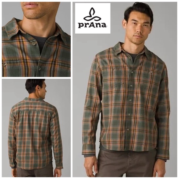 Prana Other - prAna Mens Dolberg Plaid Cotton Flannel Shirt in Kale Standard Fit Medium Tall